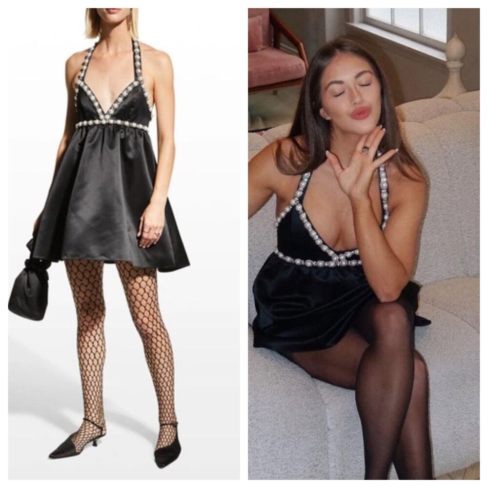 Alice + Olivia Laurena Crystal Pearl Halter Mini Dress Black Size 0